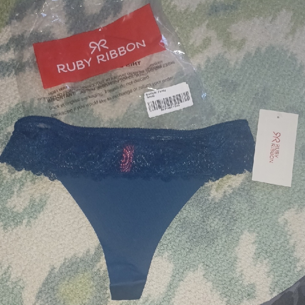 Ruby Ribbon Navy Lace Trim Thong